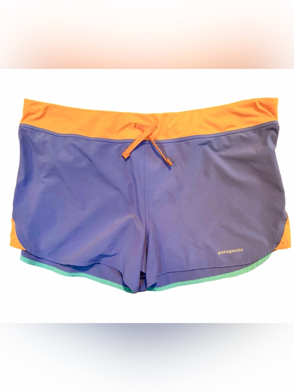 Patagonia Women’s L Trail Running Shorts Orange Periwinkle Teal Blue Lined EUC
